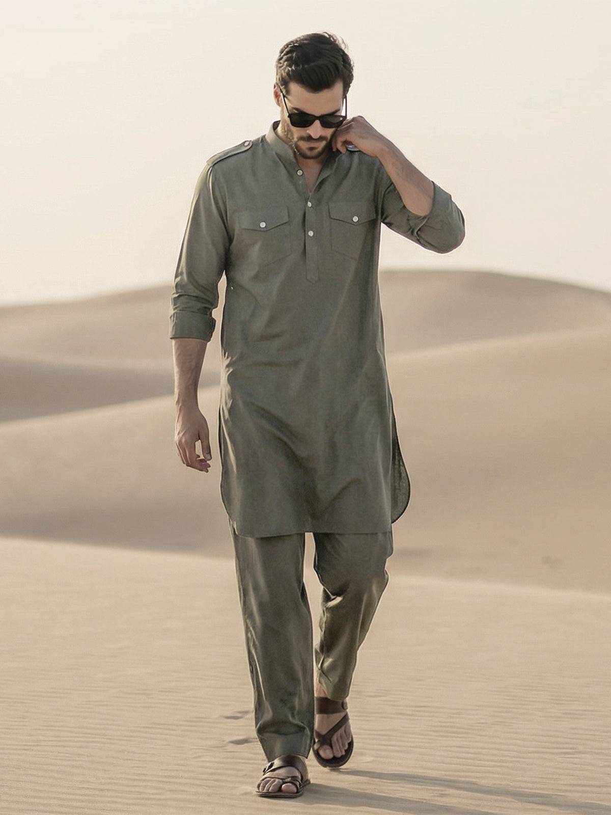 Grey modern mandarin neck pathani outfit