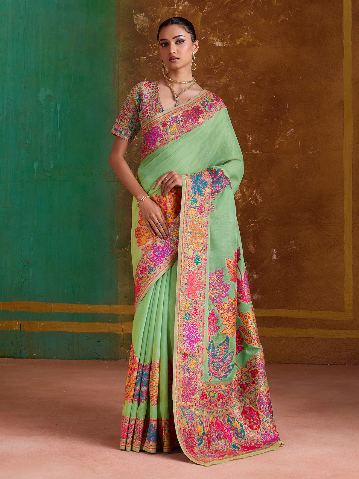 Green modal cotton woven embroidered saree