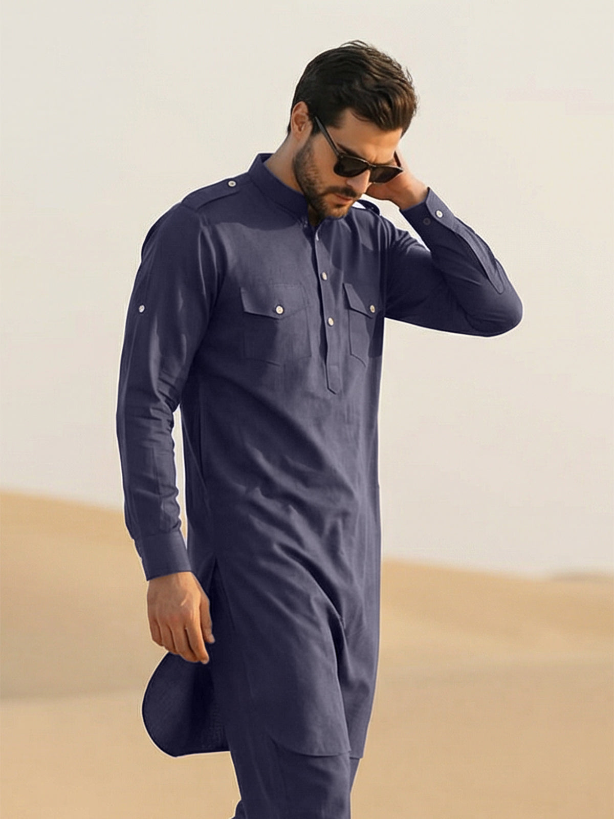 Navy blue stylish mandarin pathani ensemble