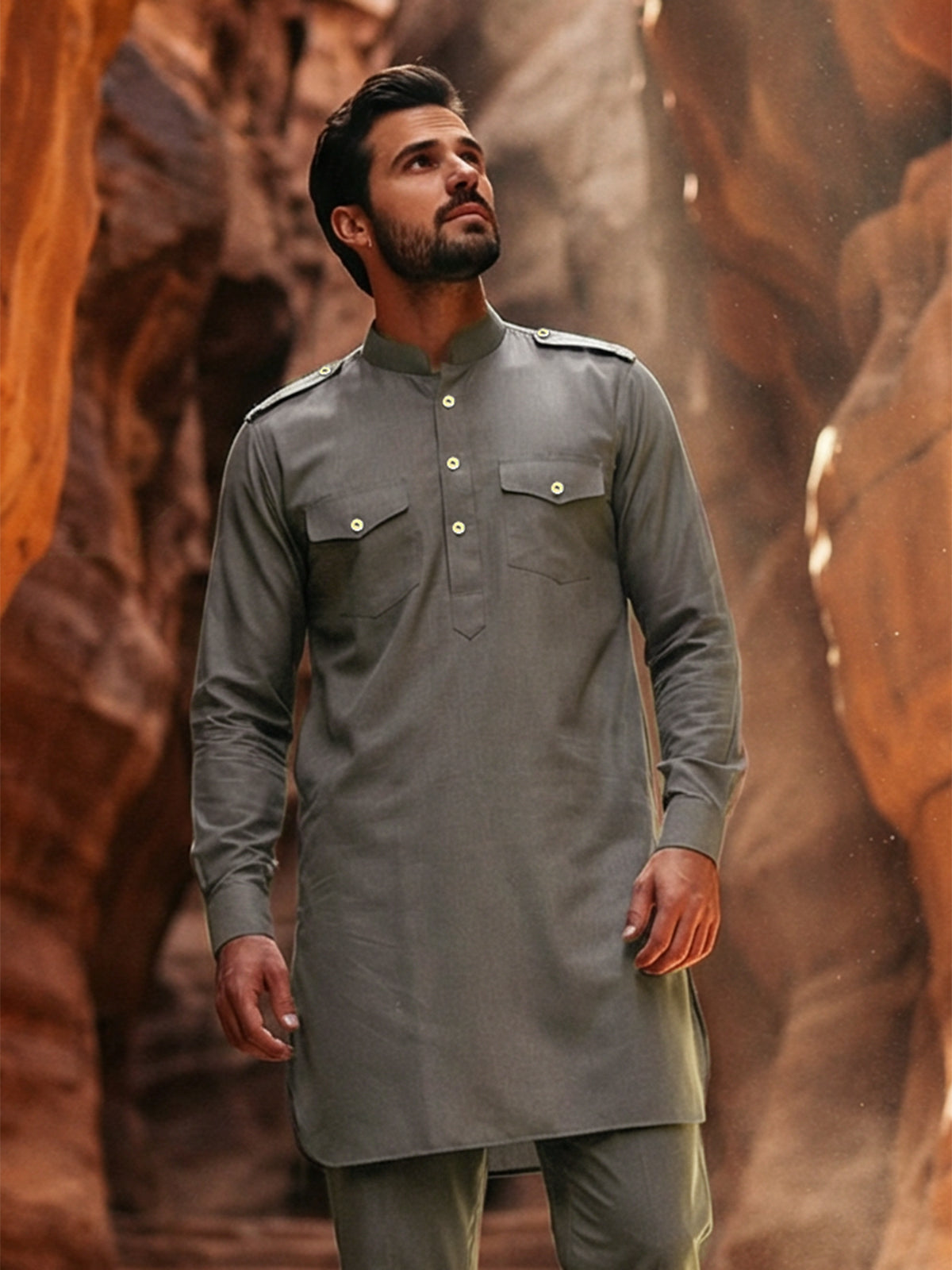 Black stylish mandarin neck pathani ensemble