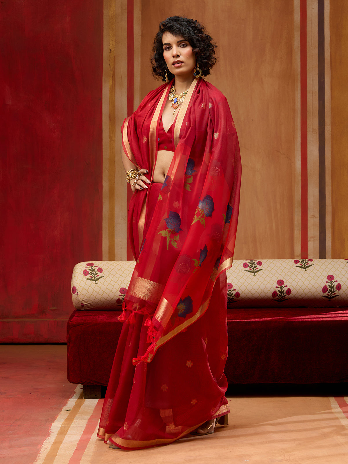 Red handloom zari woven organza saree