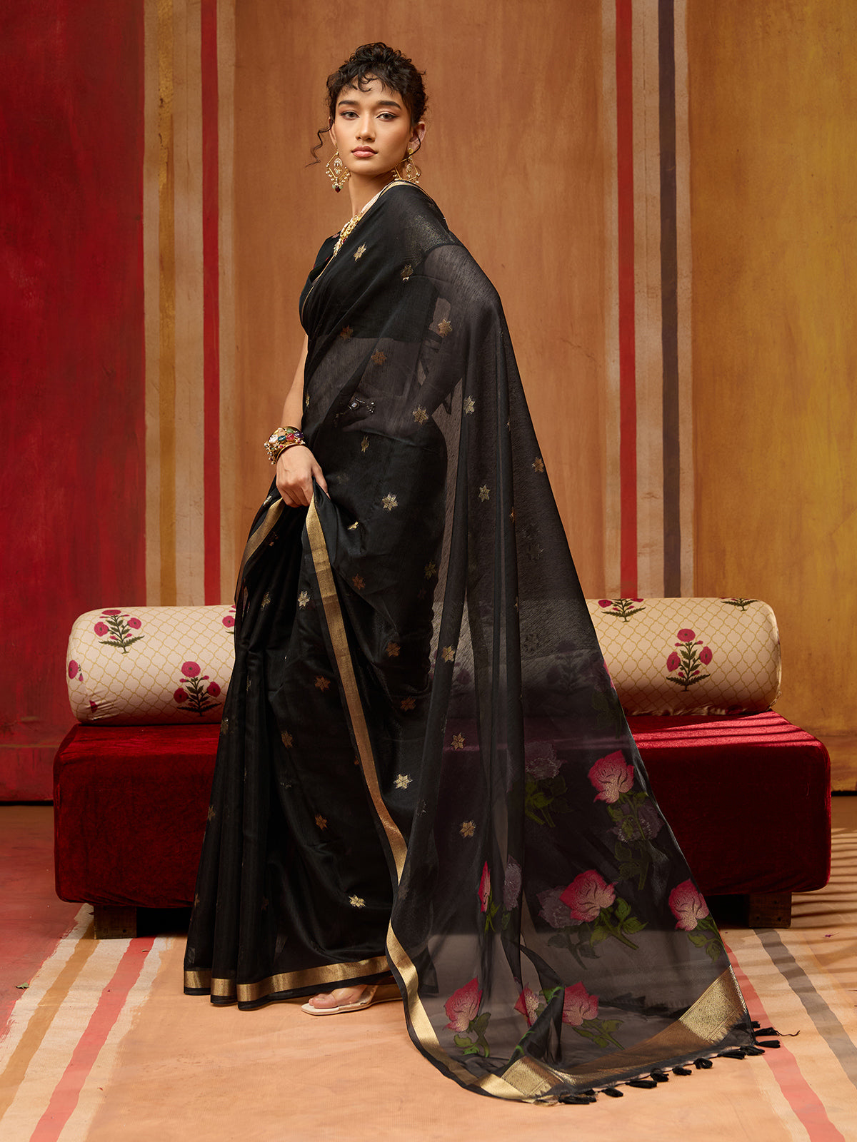 Black handloom zari floral organza saree