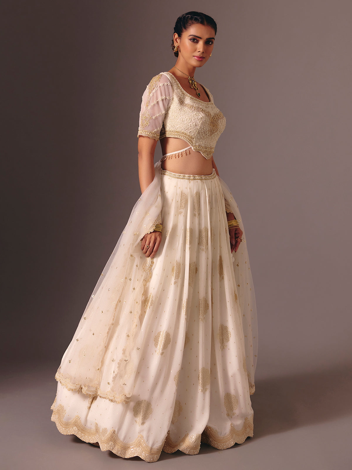Cream silk georgette designer lehenga choli with pearl work