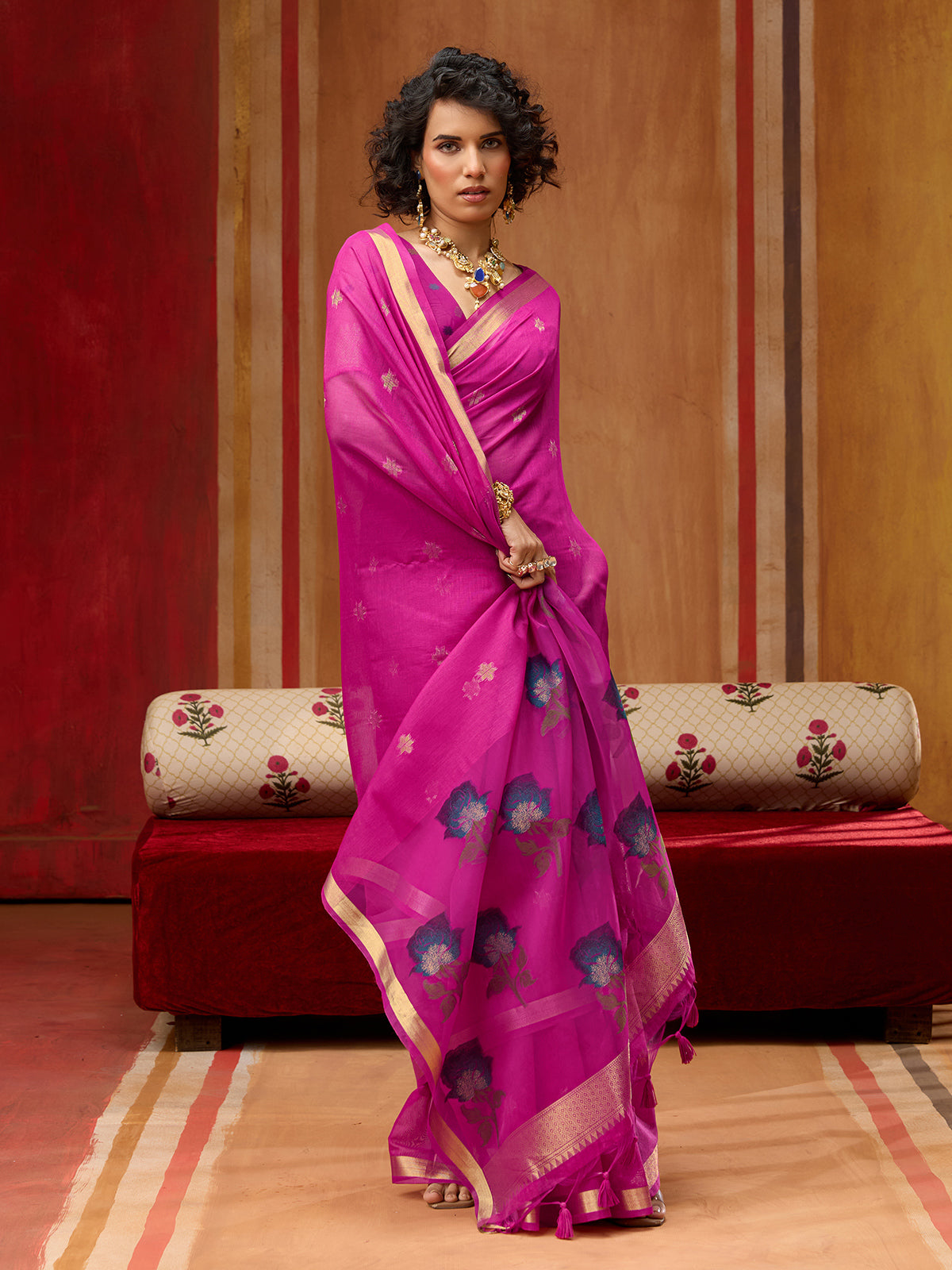 Pink handloom zari floral organza saree