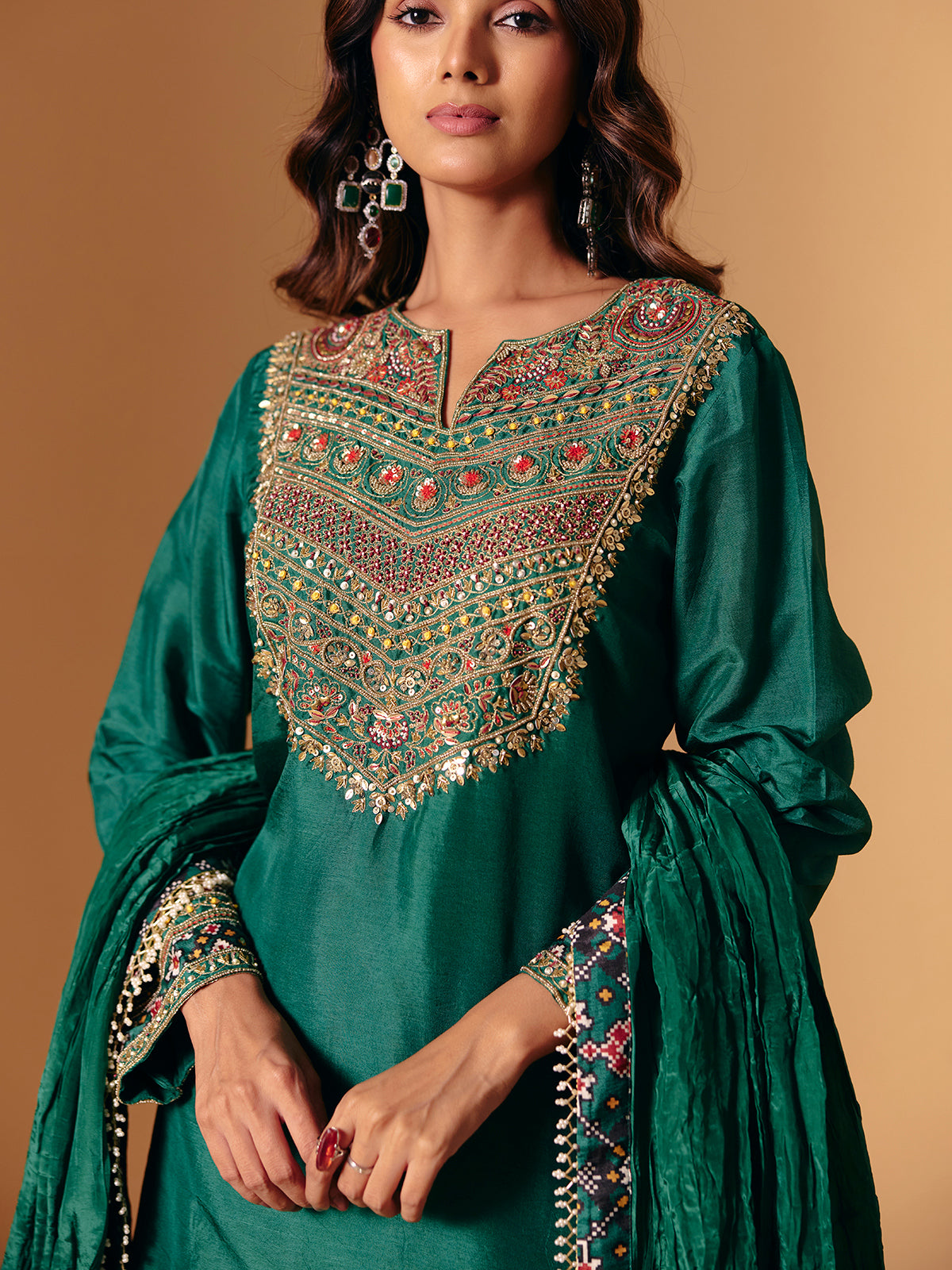 Green silk printed palazzo suit with sweetheart neck