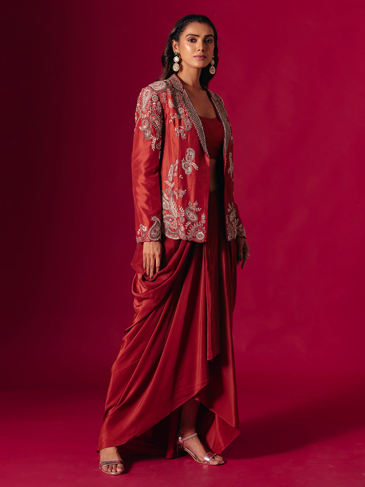 Rust red satin silk indo western suit with jacket