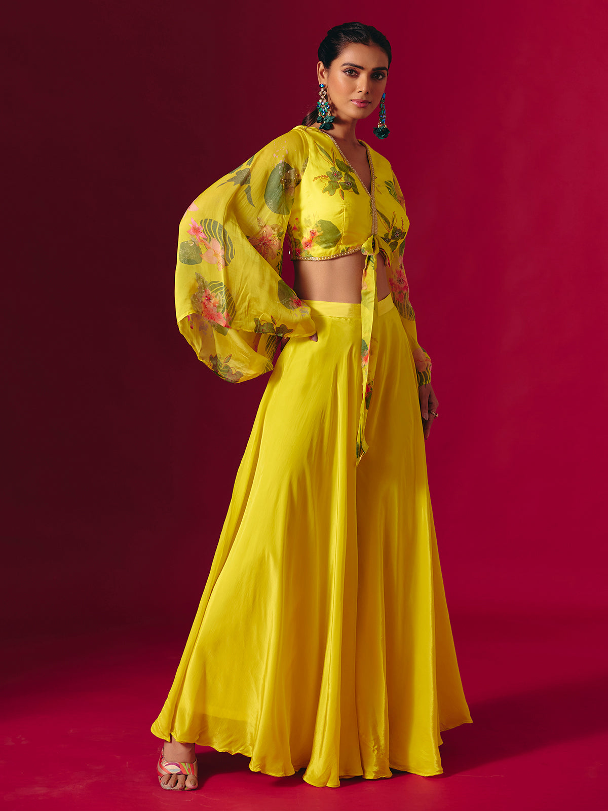 Yellow satin silk festive palazzo suit with print
