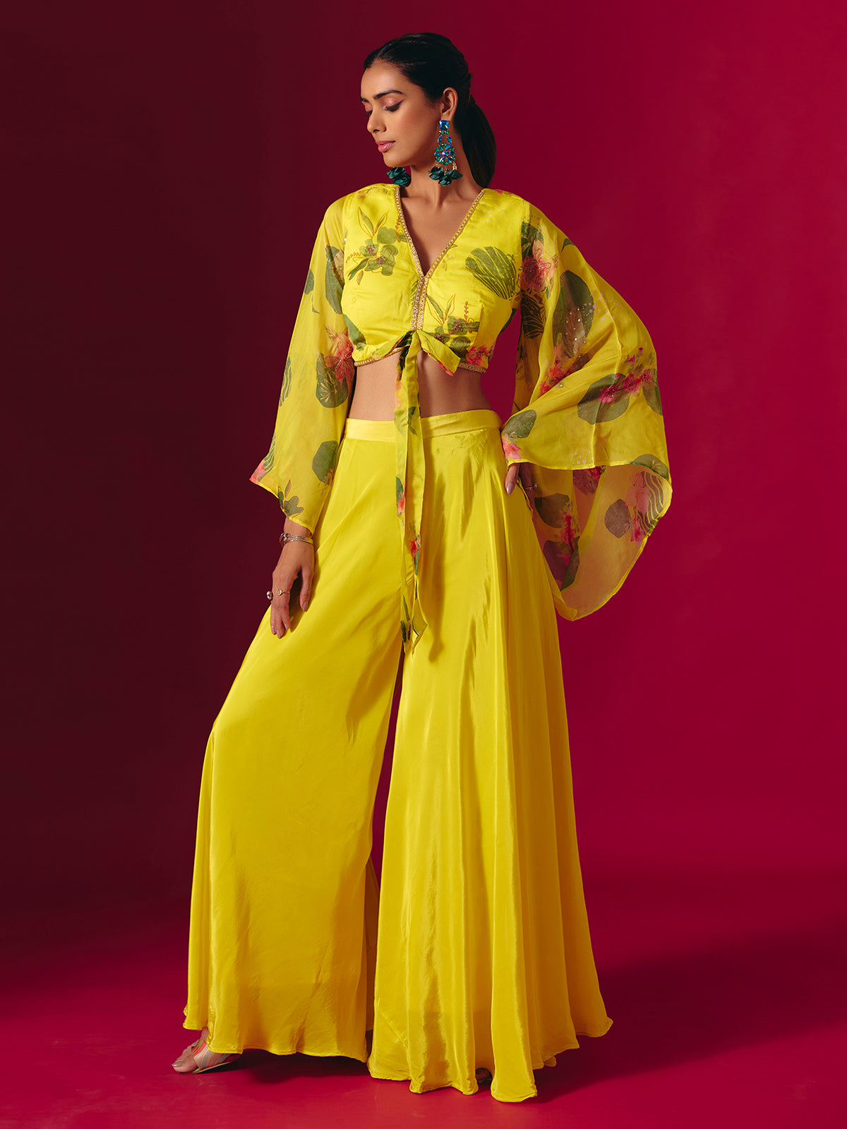 Yellow satin silk festive palazzo suit with print