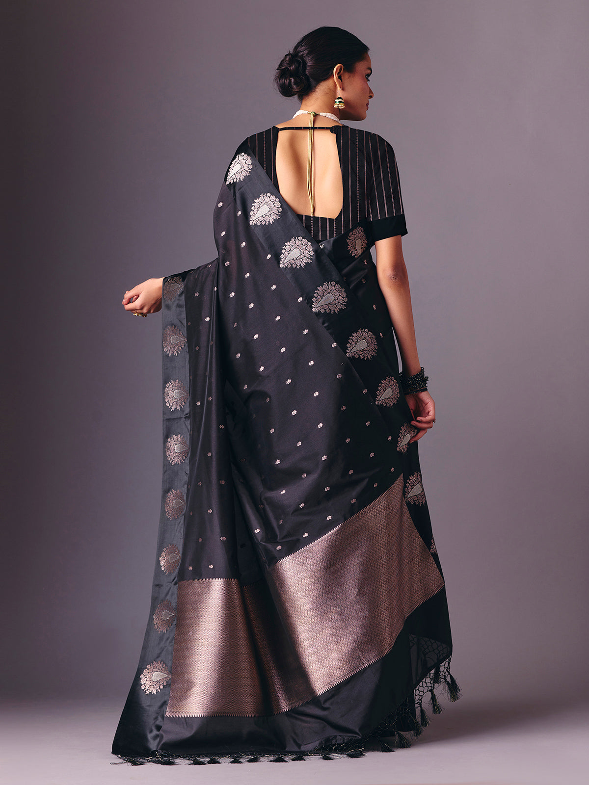 Black elegant zari worked saree in semi silk