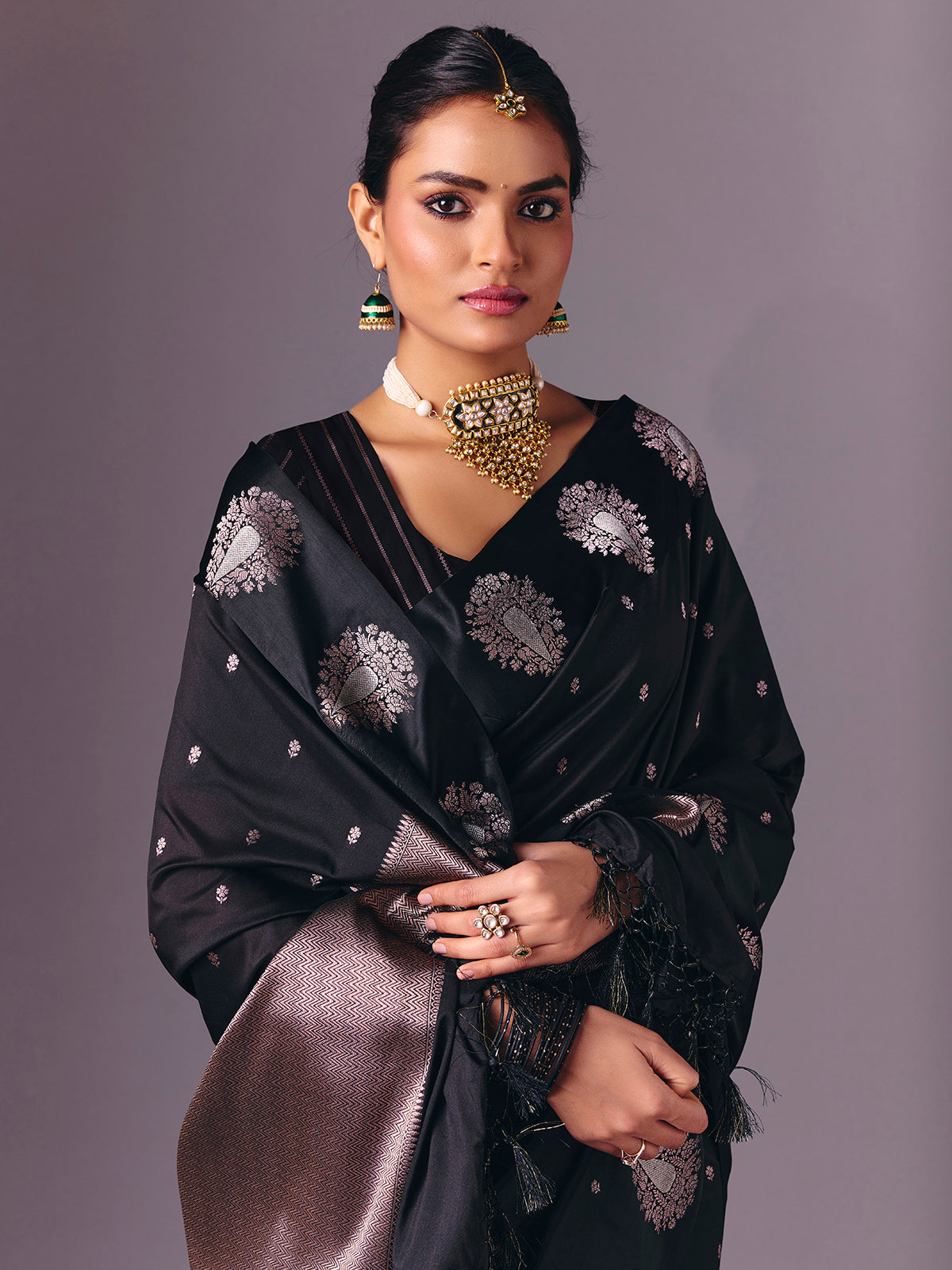 Black elegant zari worked saree in semi silk