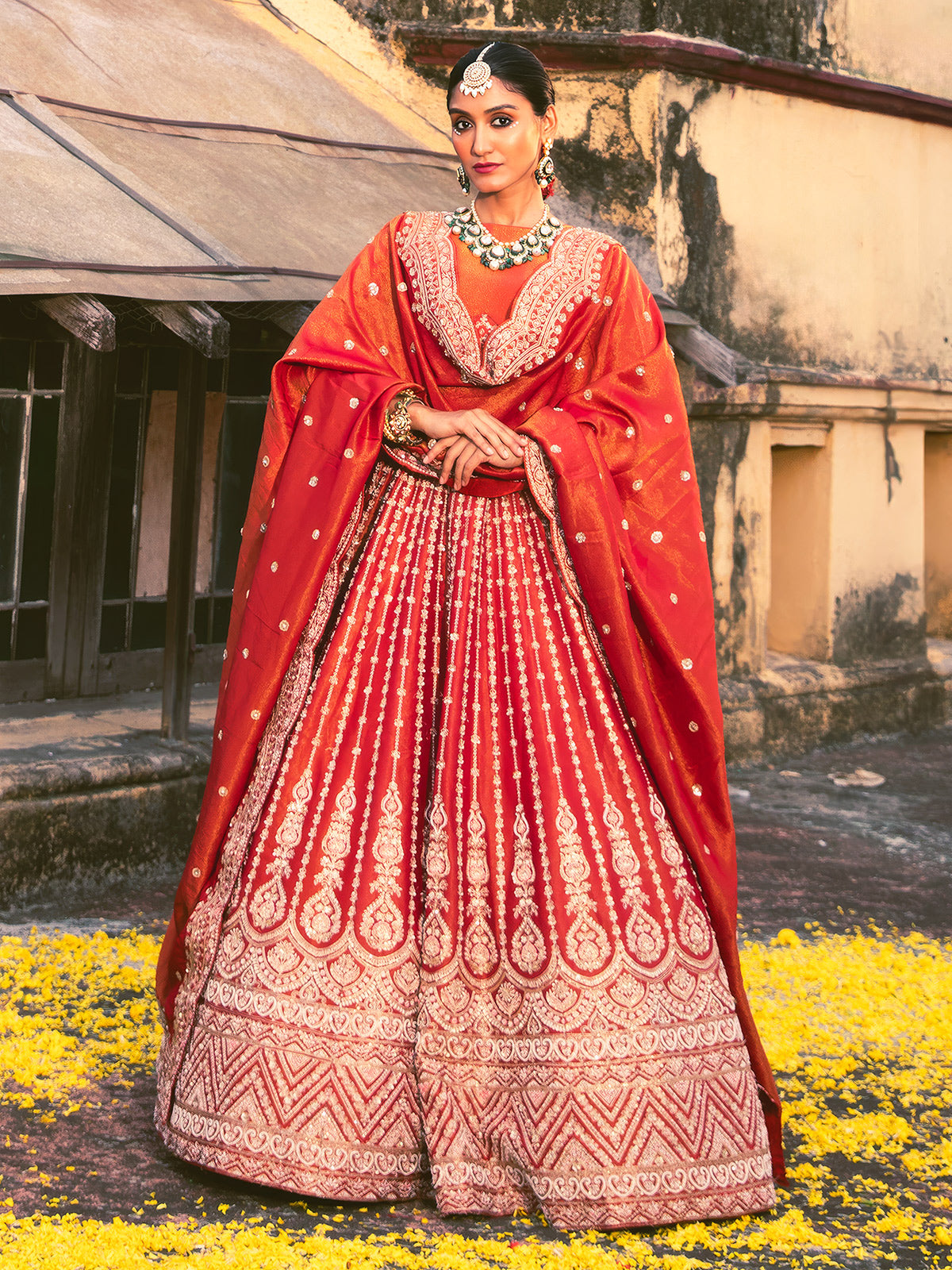Red raw silk bridal lehenga choli set