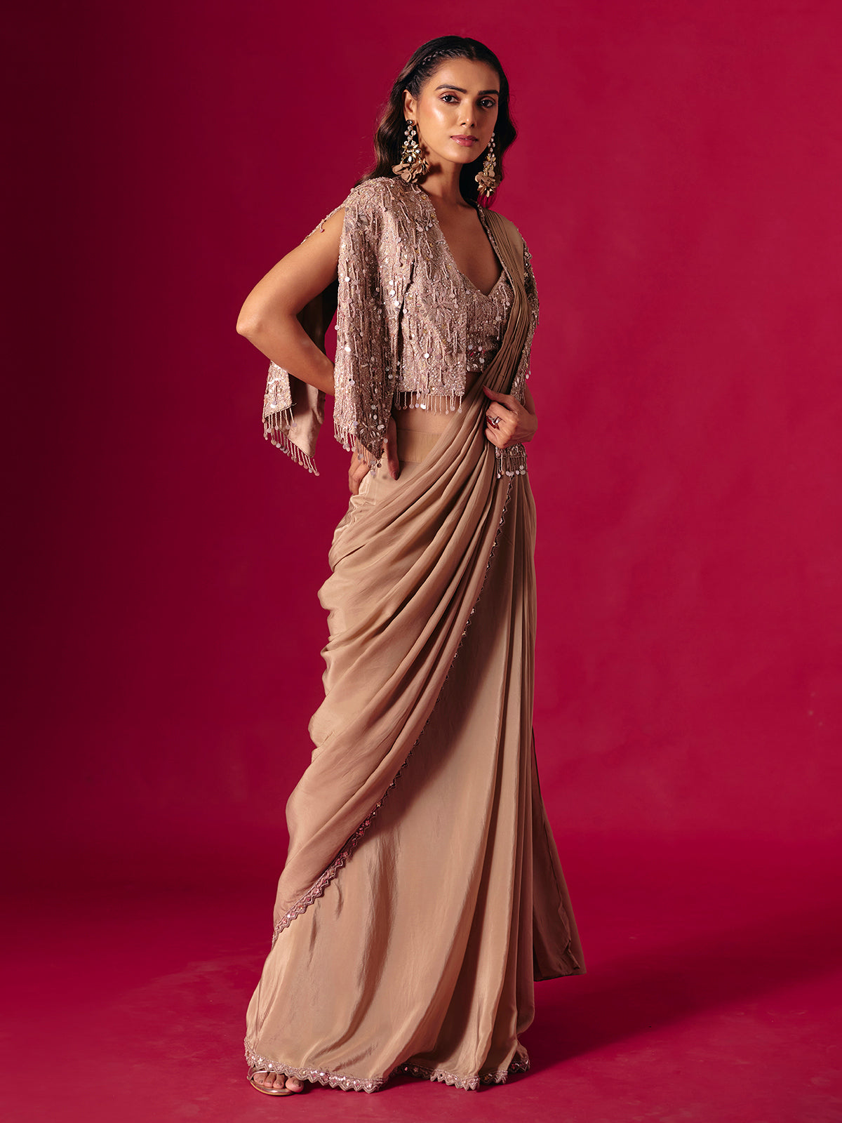 Beige lycra designer ready to wear saree for reception