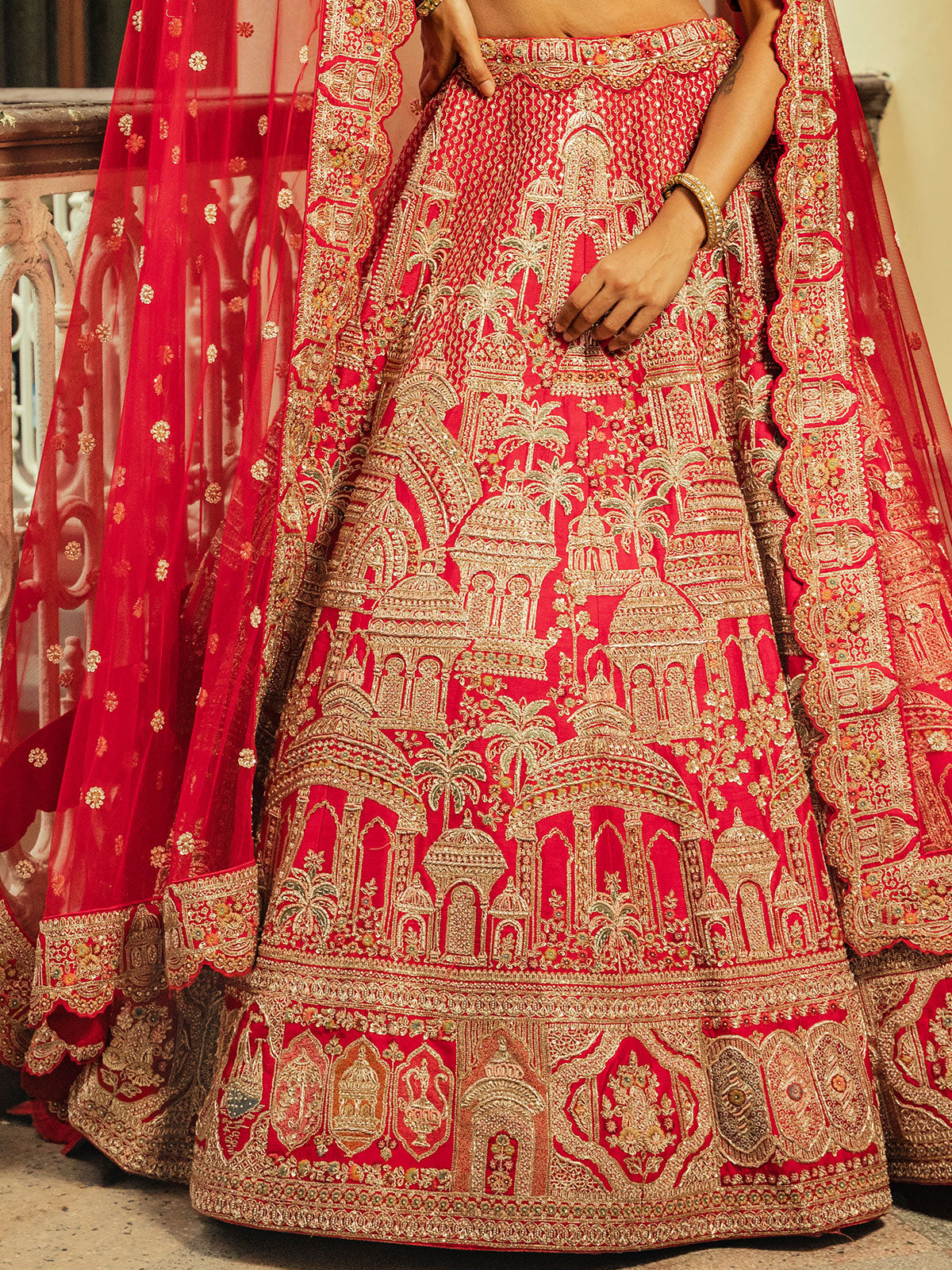 Red raw silk lehenga choli with dupatta for women