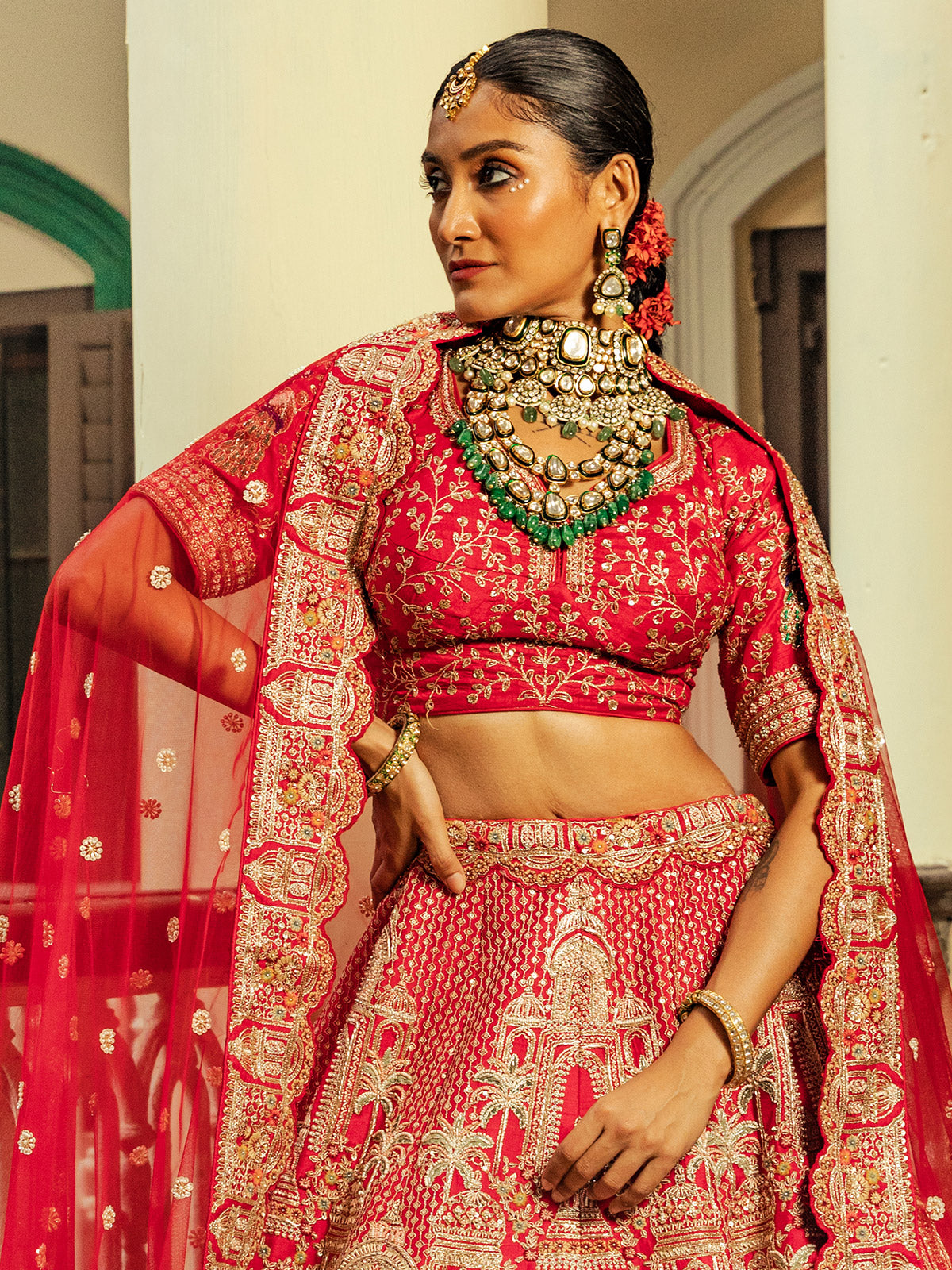 Red raw silk lehenga choli with dupatta for women