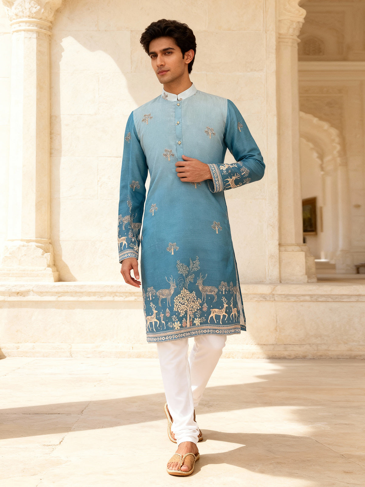 Shaded blue zari embroidered kurta set