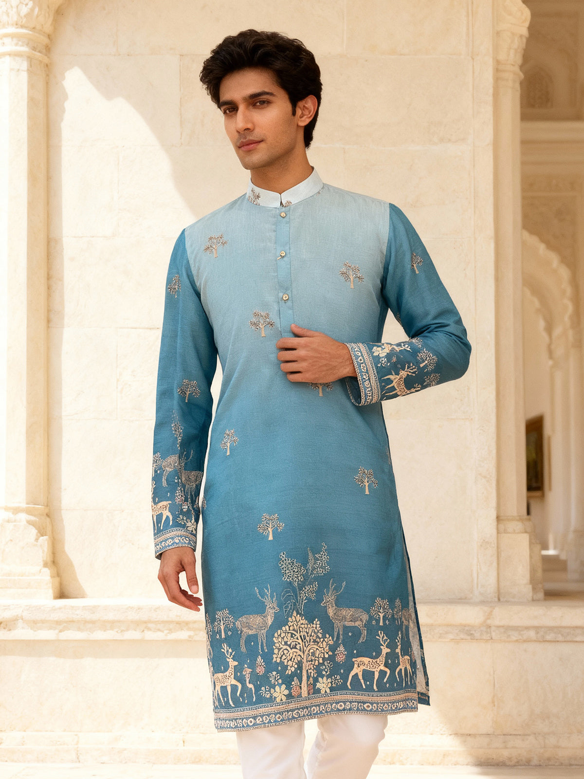 Shaded blue zari embroidered kurta set