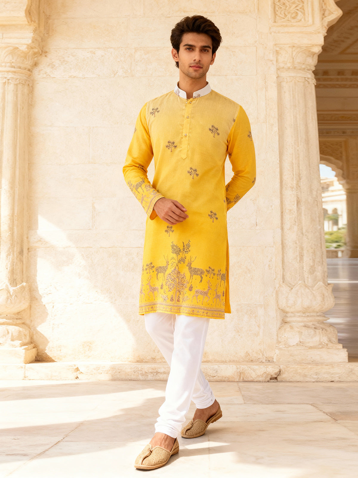Yellow ethnic motif embroidered kurta set