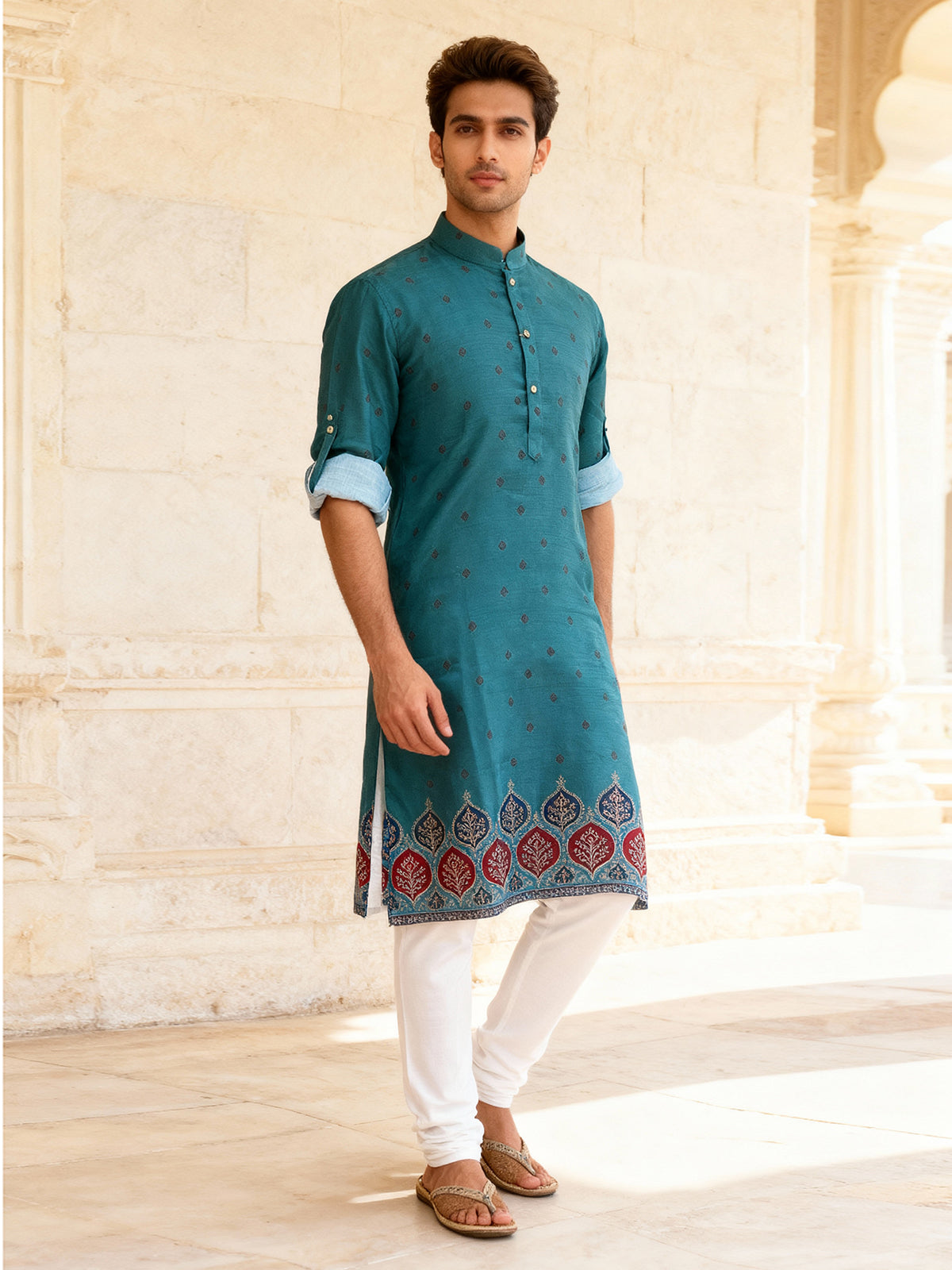 Teal blue chikankari embroidered kurta set