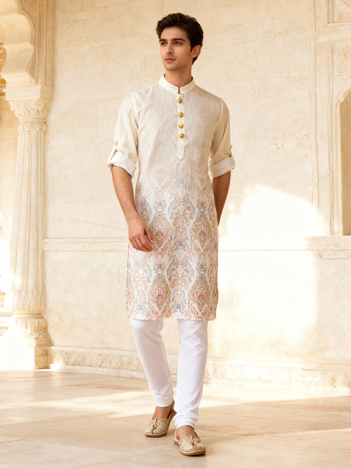 Cream elegant printed kurta set