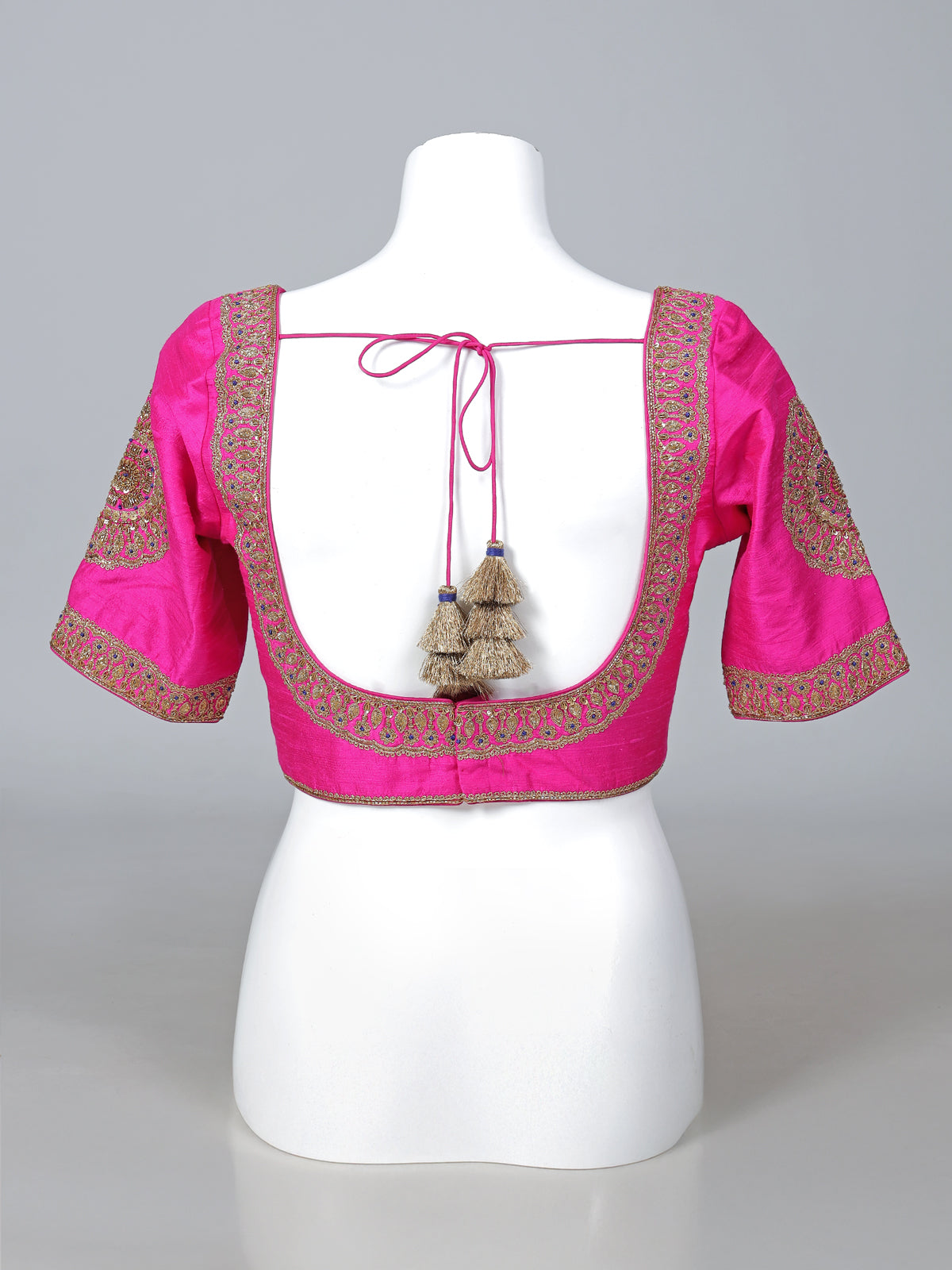 Magenta raw silk zardosi work round neck blouse