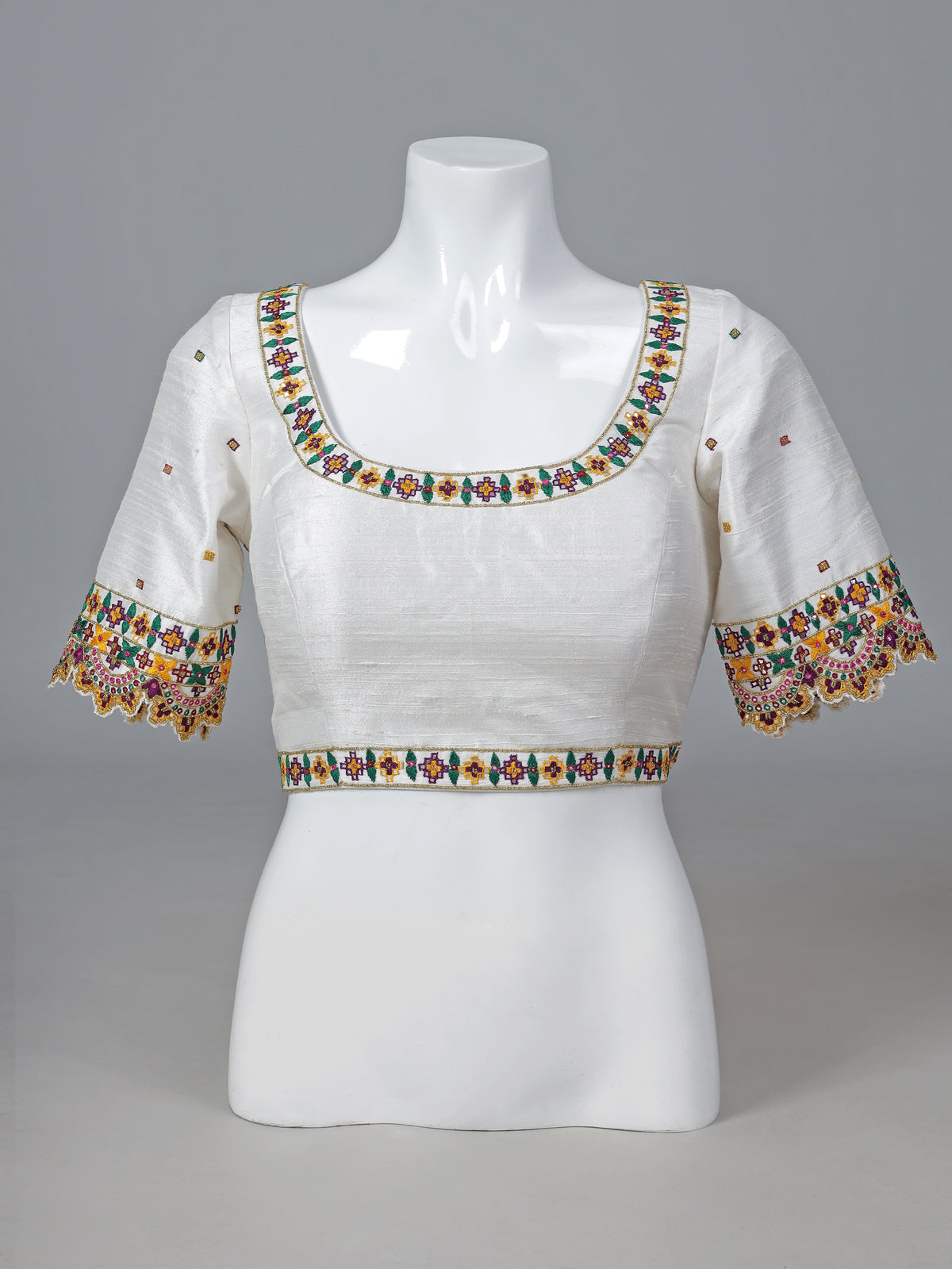 White raw silk aabla work round neck blouse