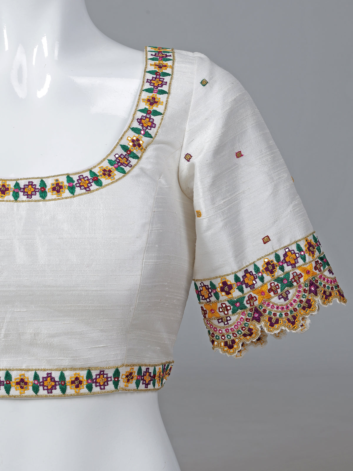 White raw silk aabla work round neck blouse