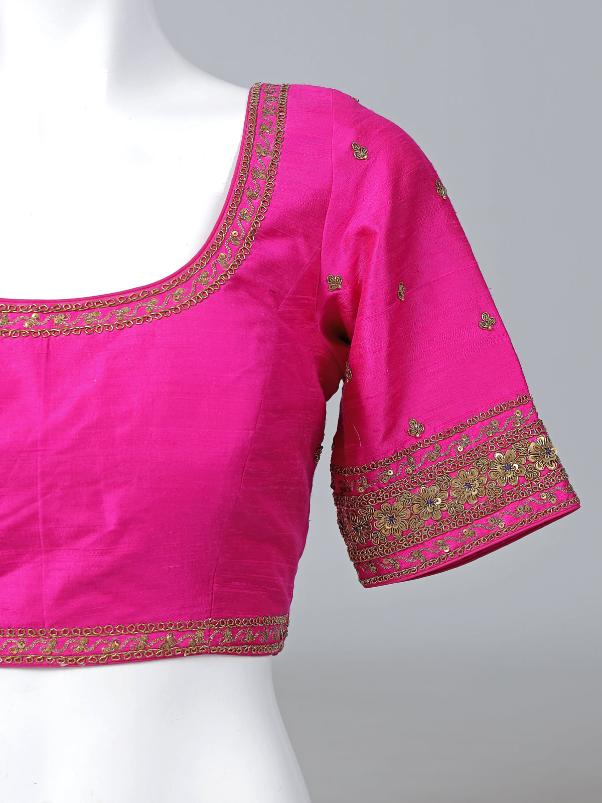 Magenta raw silk heavy embellished elbow sleeve blouse