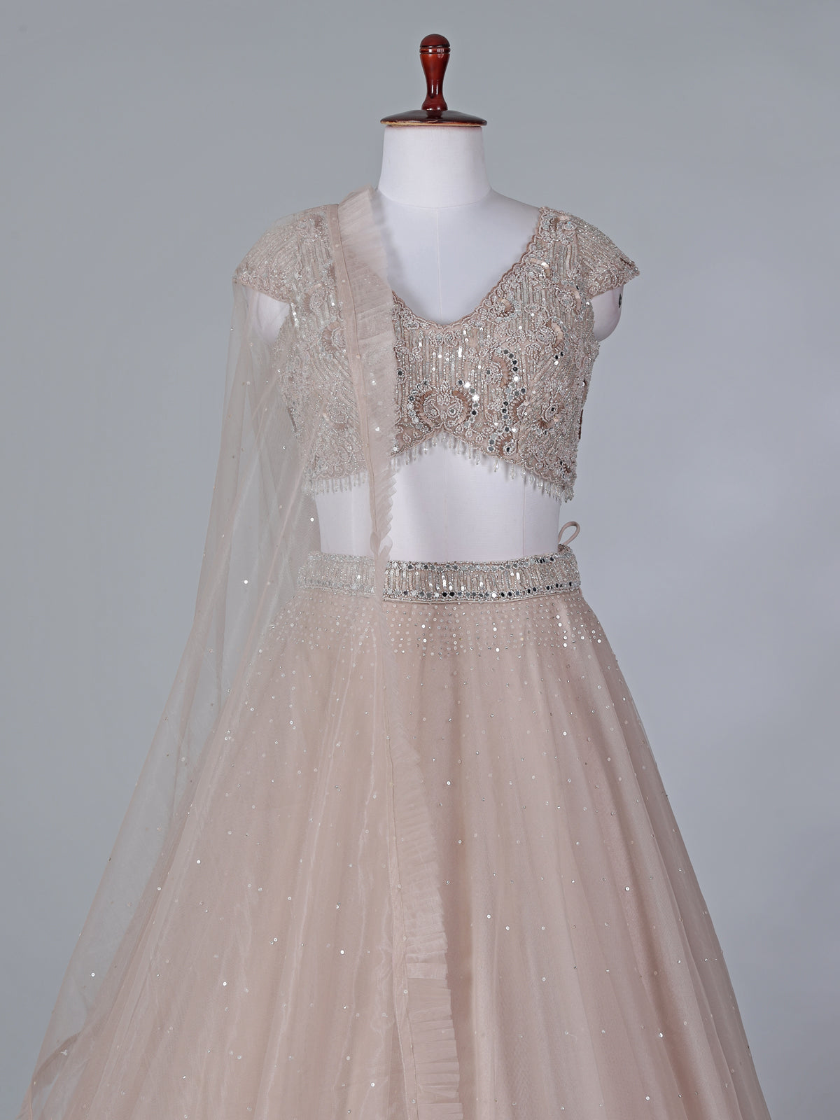 Beige net mirror embellished lehenga choli with dupatta