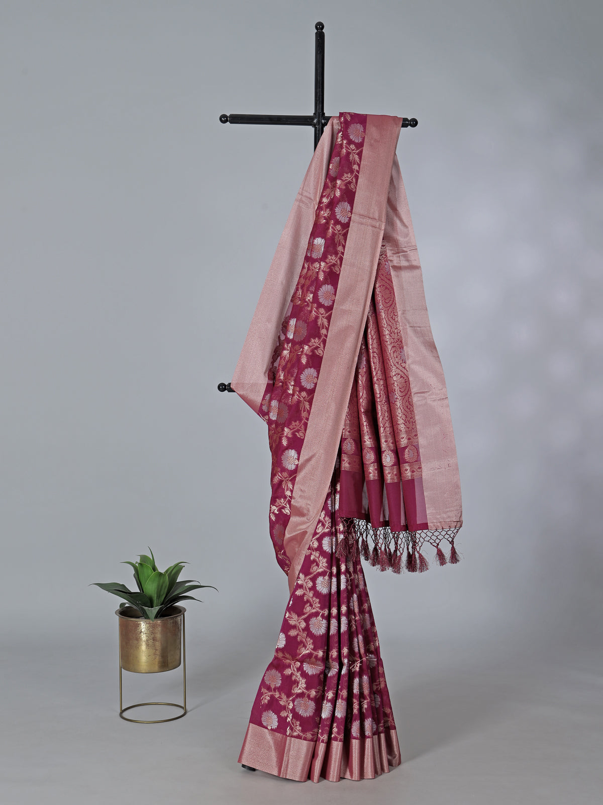 Rich wine art silk saree with classic zari detailing