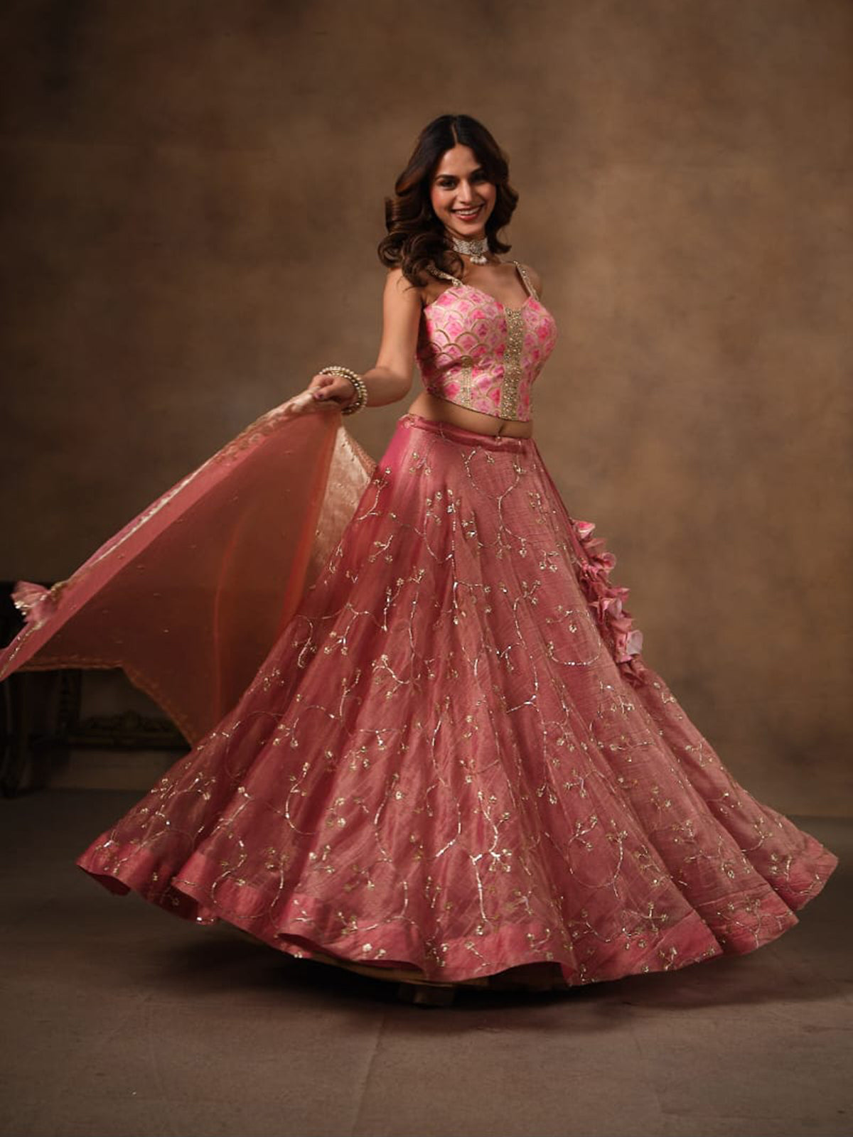 Onion pink chiffon tissue silk lehenga choli