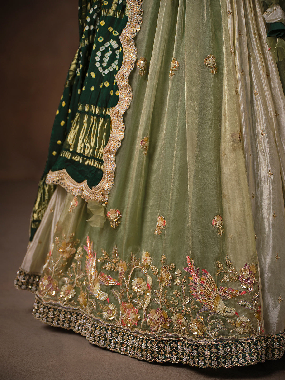 Pista green tissue silk lehenga choli for women