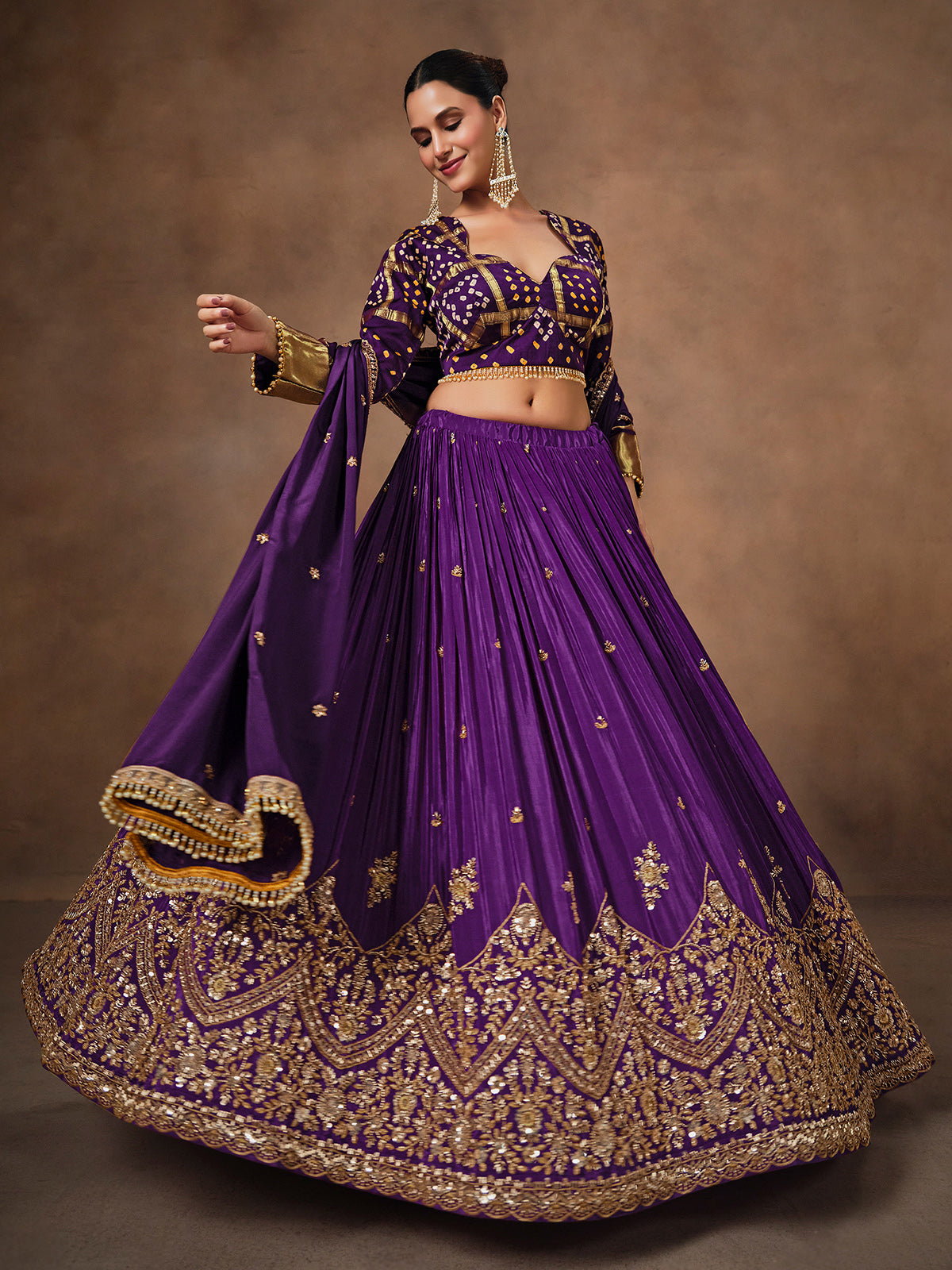 Purple satin crepe silk embellished lehenga choli