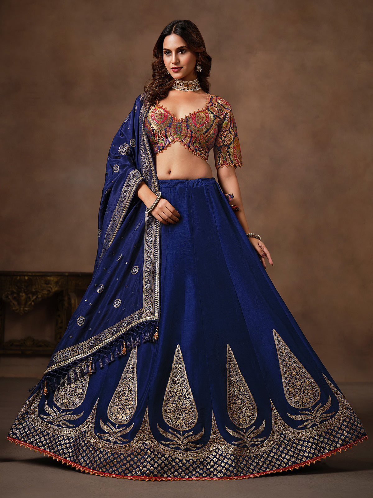 Royal blue crepe zari lehenga choli