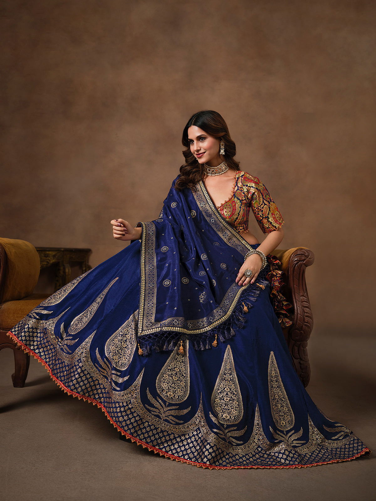 Royal blue crepe zari lehenga choli