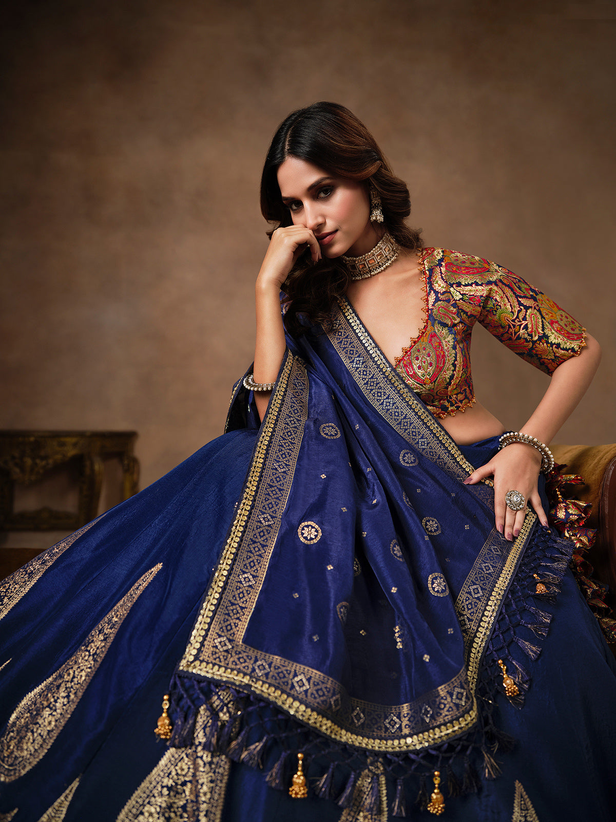 Royal blue crepe zari lehenga choli
