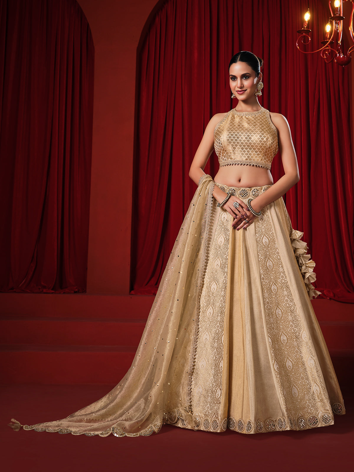 Gold silk mirror work lehenga choli