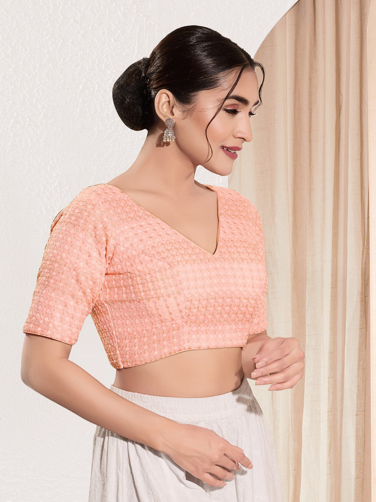 Peach cotton silk V neck blouse