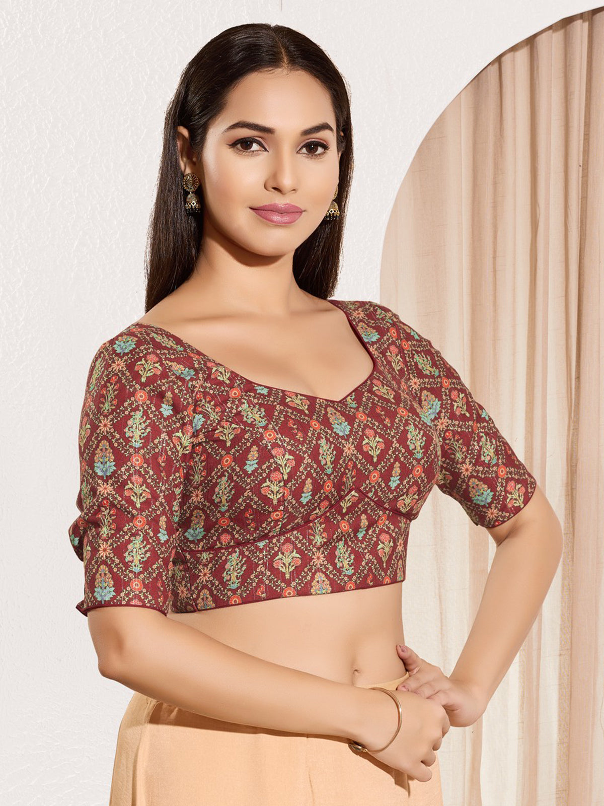 Maroon viscose rayon sweetheart neck blouse
