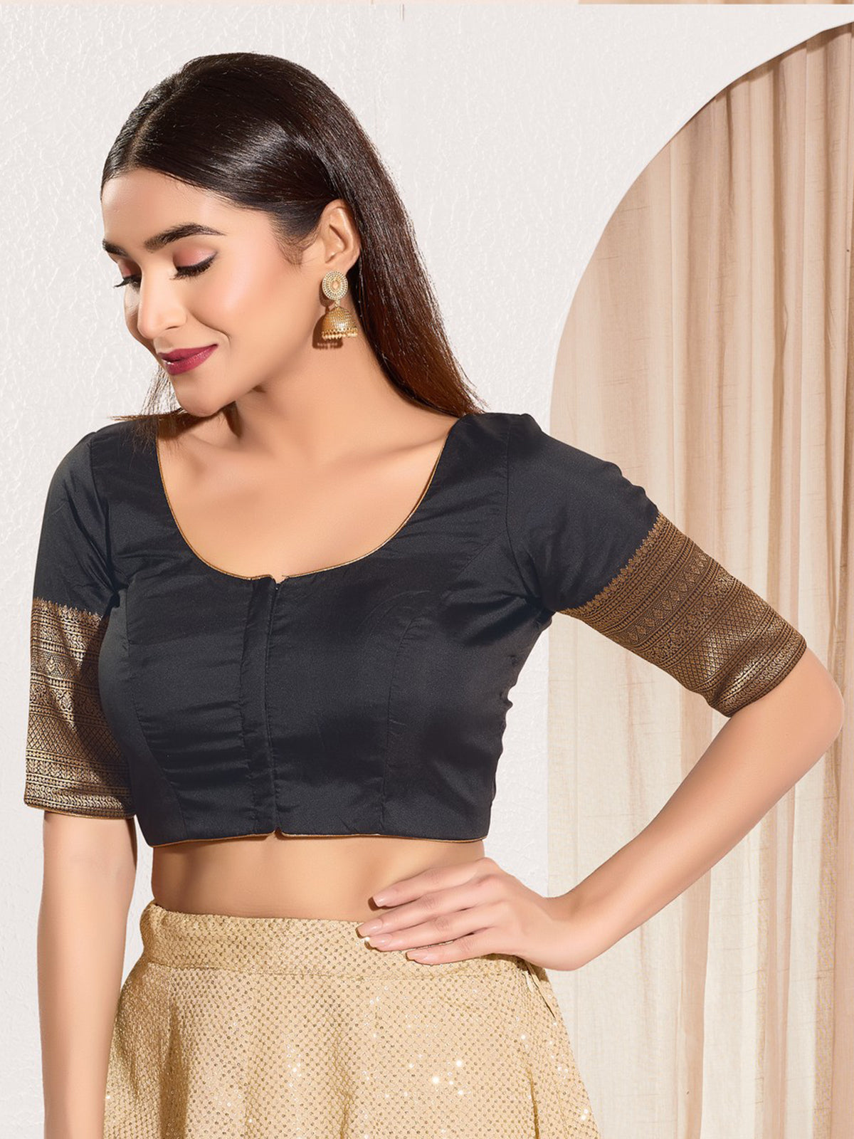 Black zari tafeta silk front open blouse
