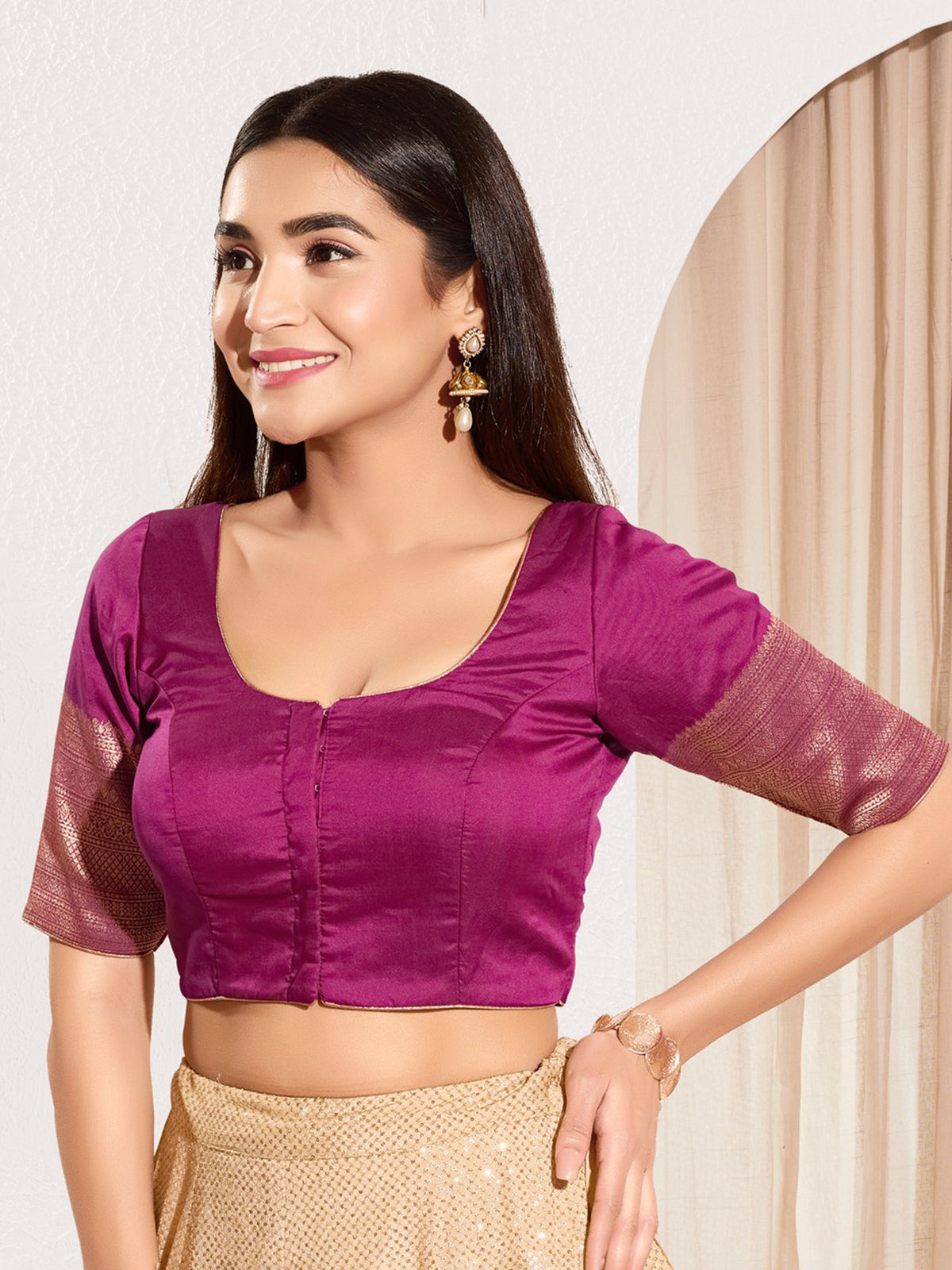 Pink zari tafeta silk front open blouse