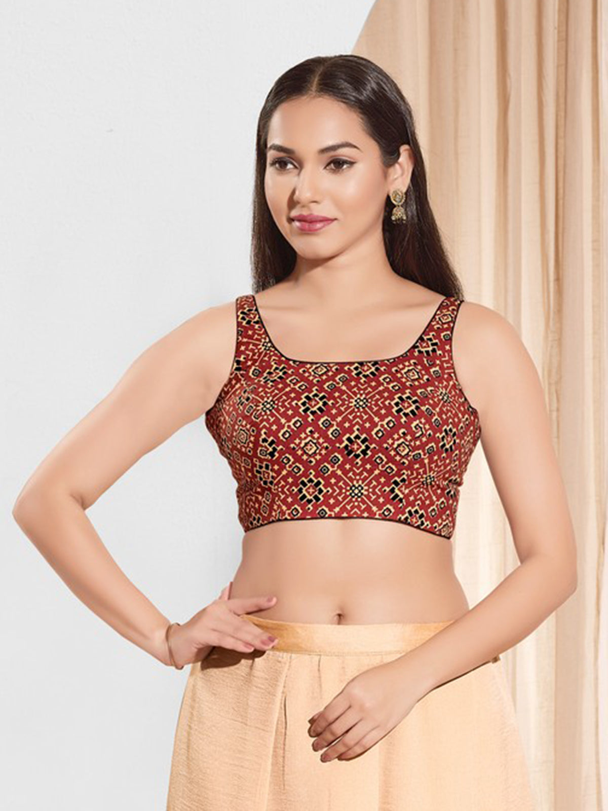 Maroon printed cotton square neck blouse