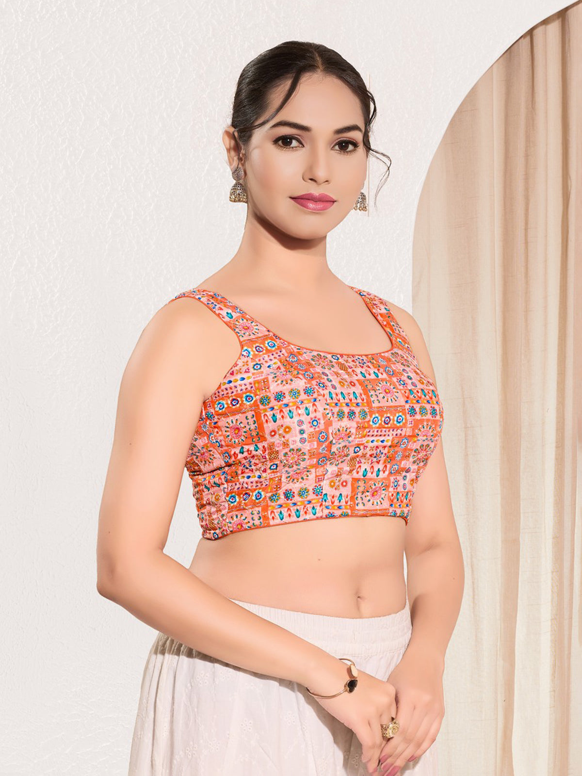 Peach printed rayon square neck blouse