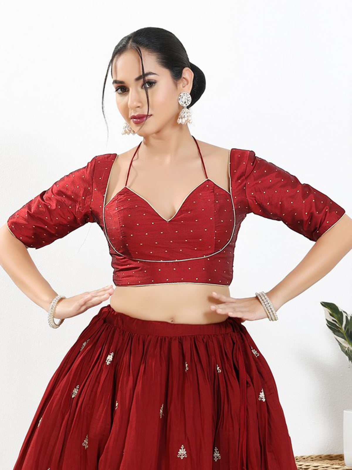 Maroon zari brocade sweetheart neck blouse