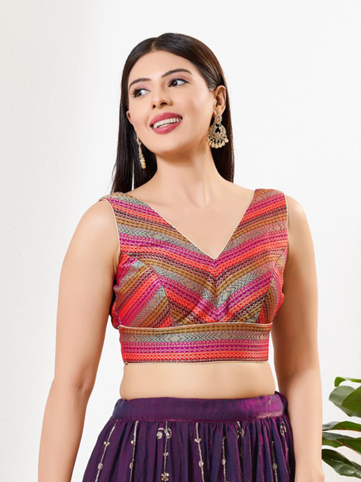 Magenta multi printed zari brocade sleeveless blouse