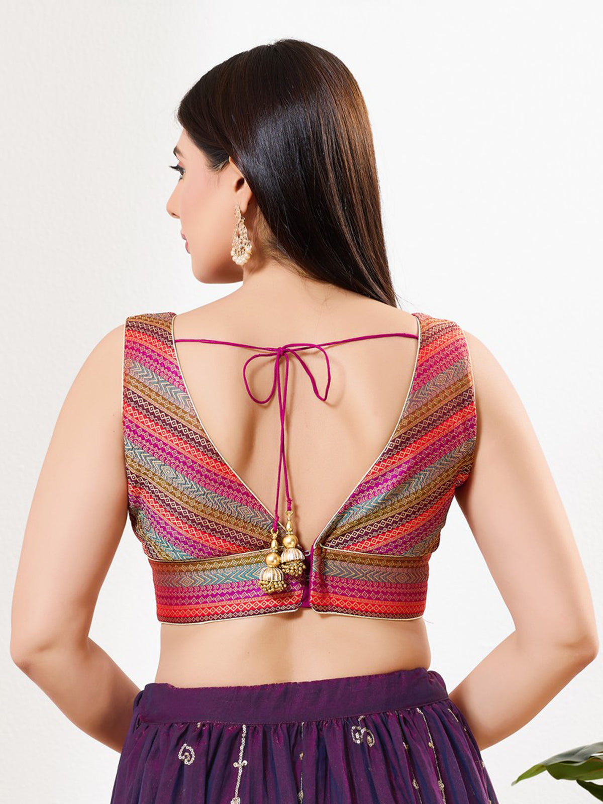 Magenta multi printed zari brocade sleeveless blouse