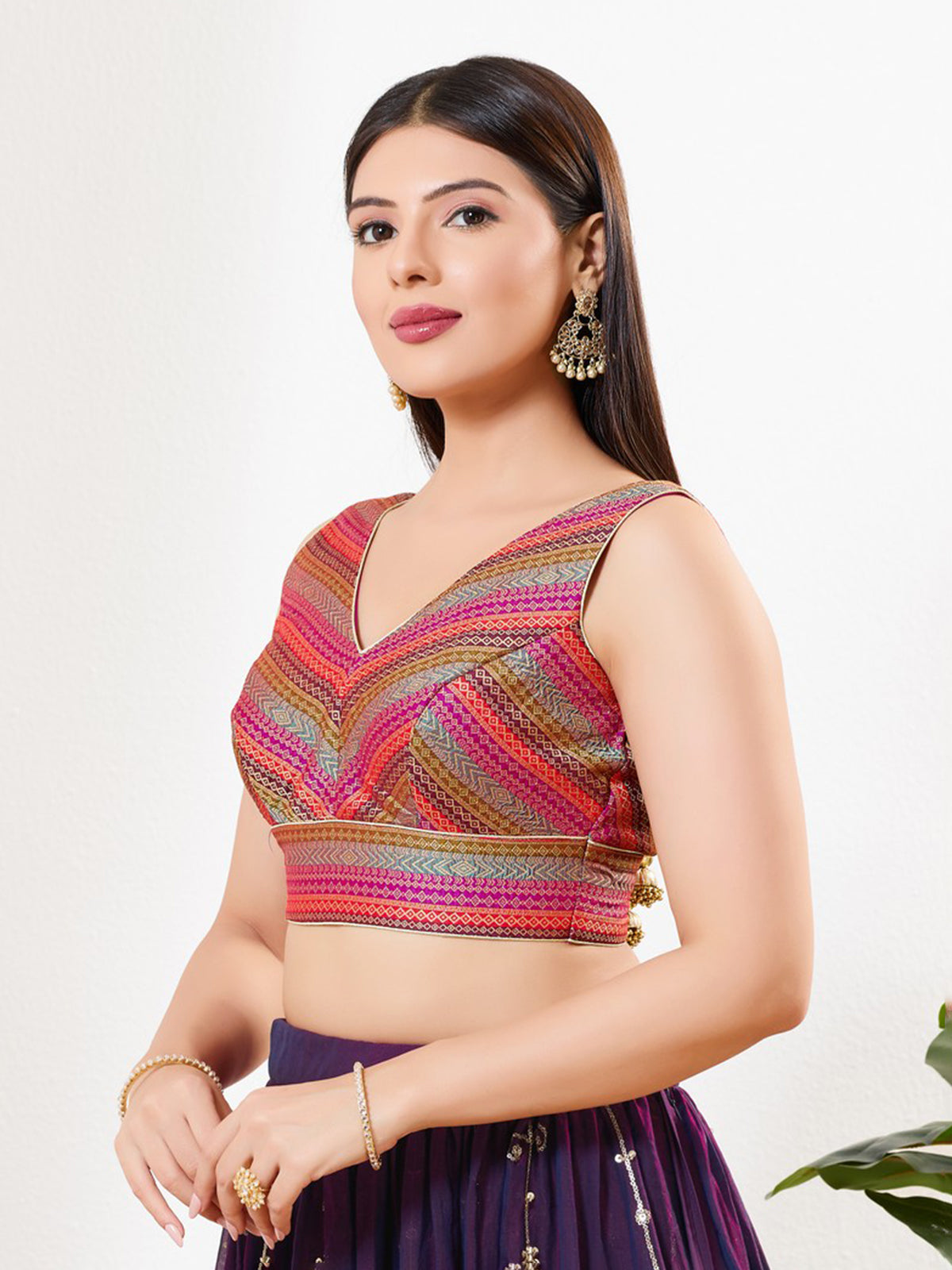 Magenta multi printed zari brocade sleeveless blouse