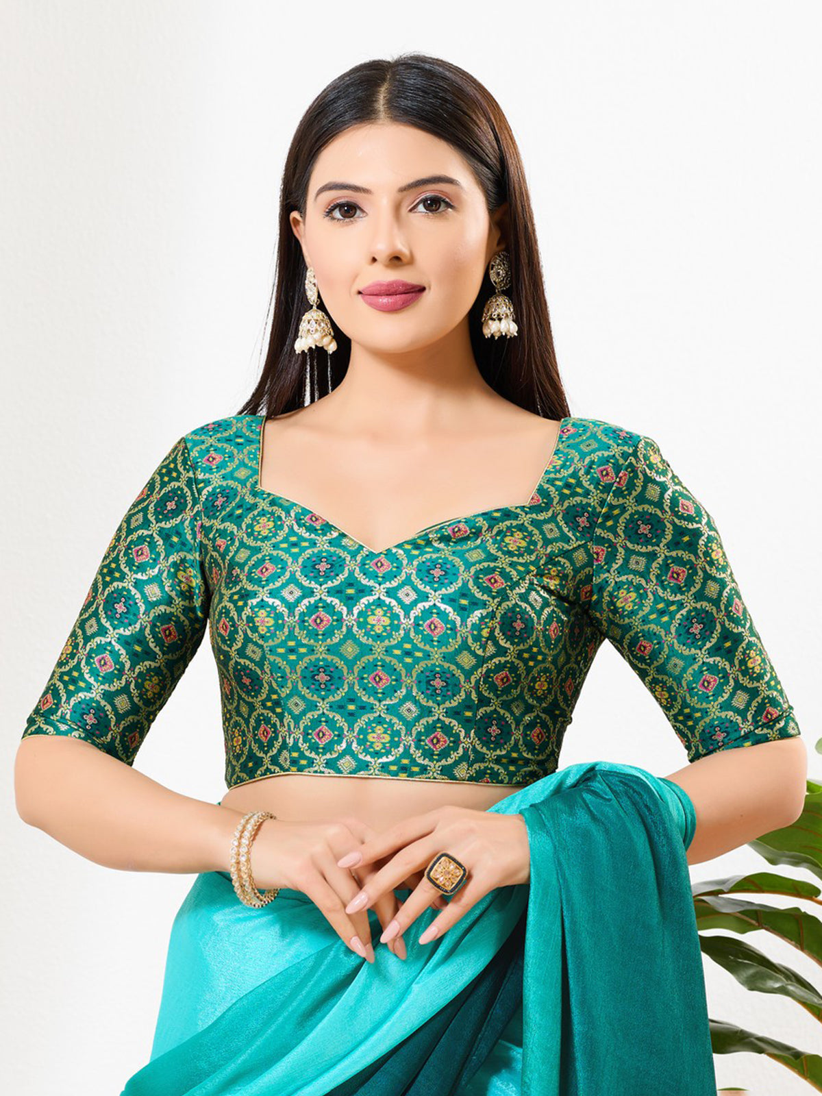 Rama green zari brocade sweetheart neck blouse