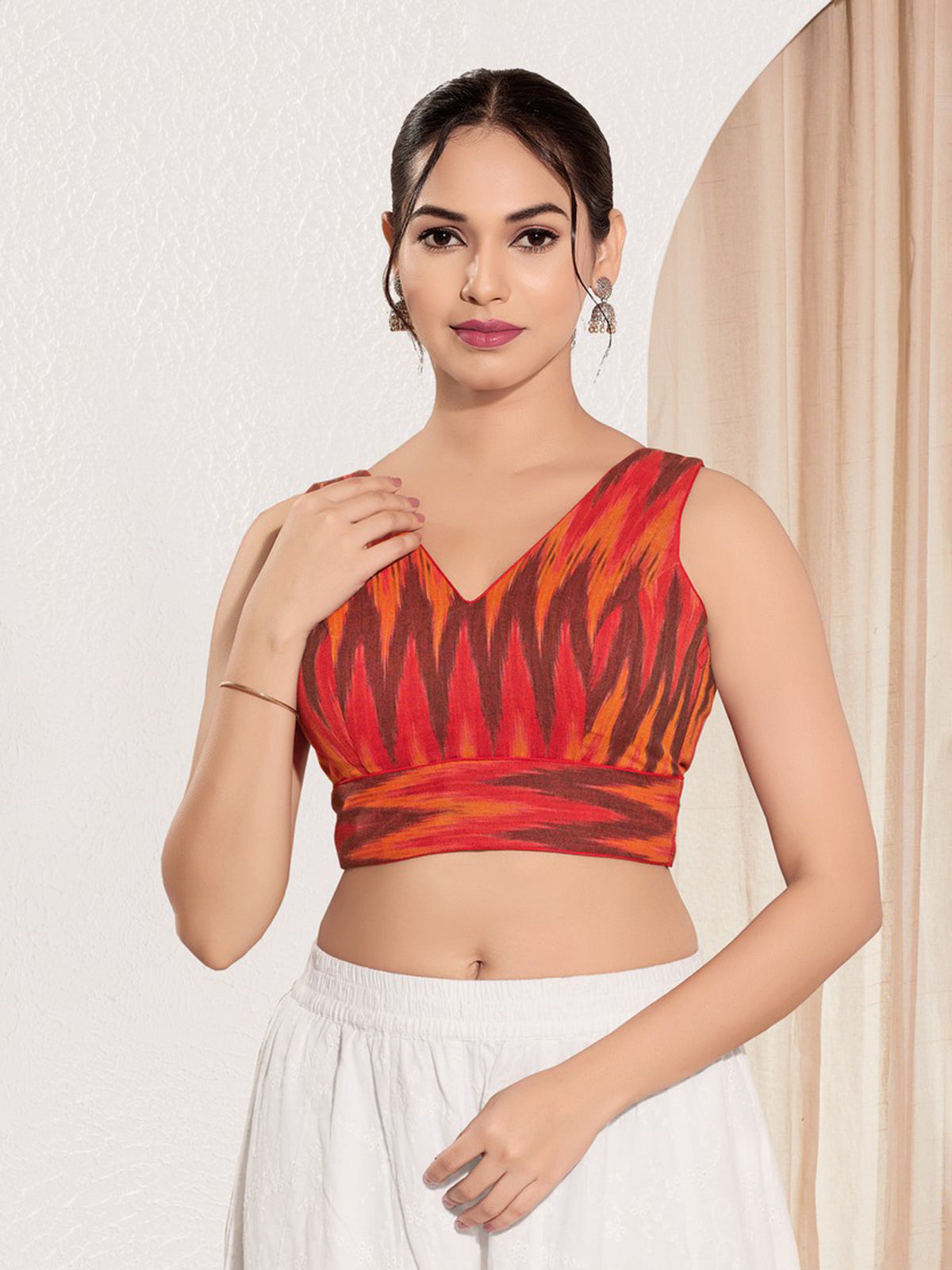 Red printed ikat silk ready blouse