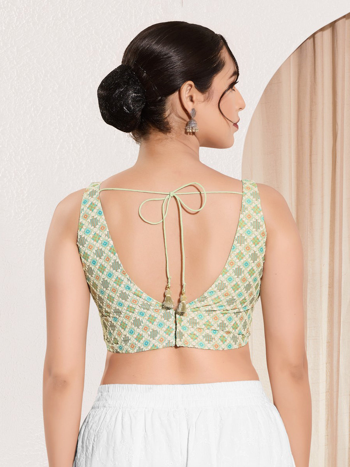 Pista green printed jacquard V neck blouse