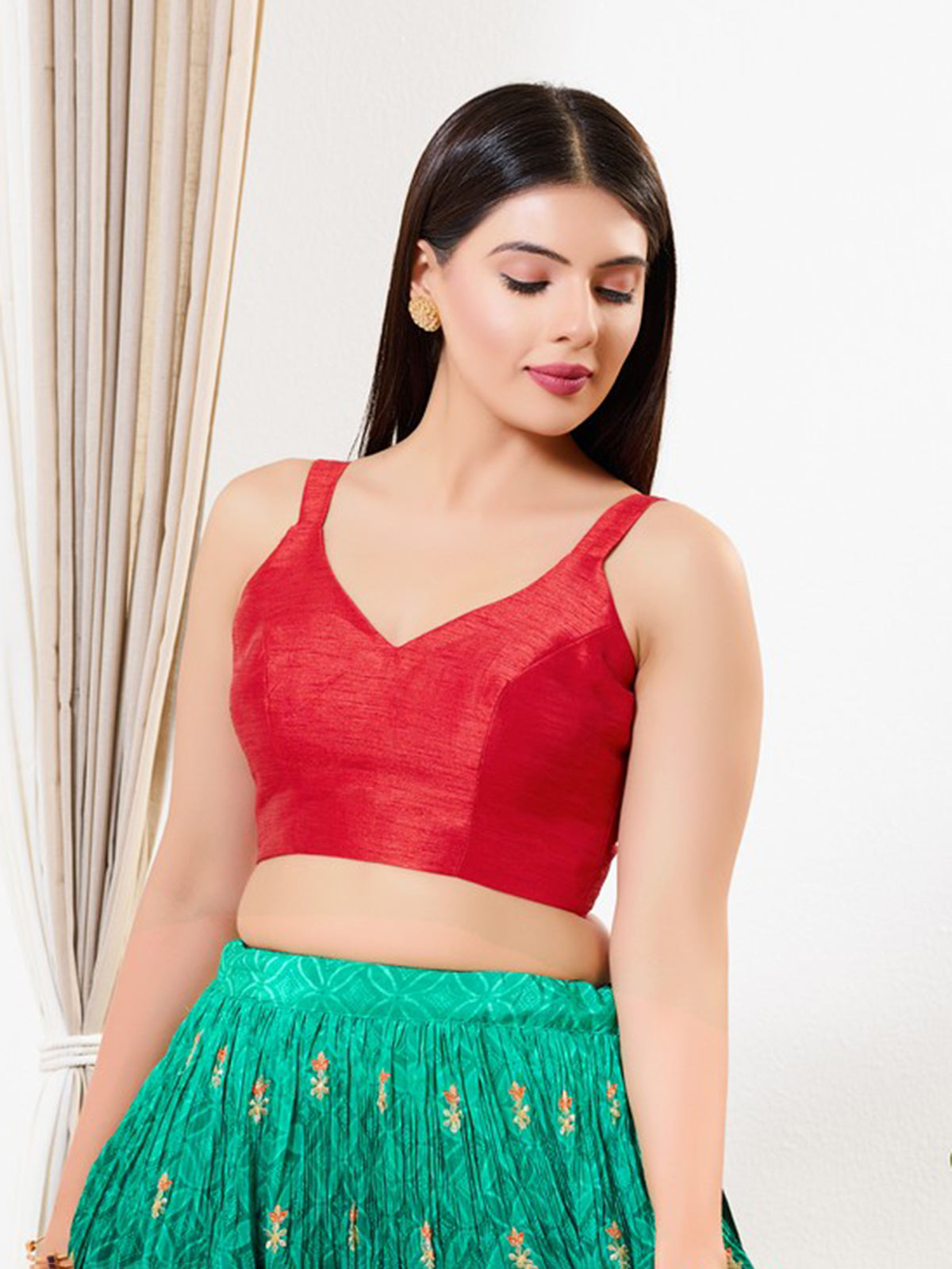 Red mulberry silk sweetheart neck blouse